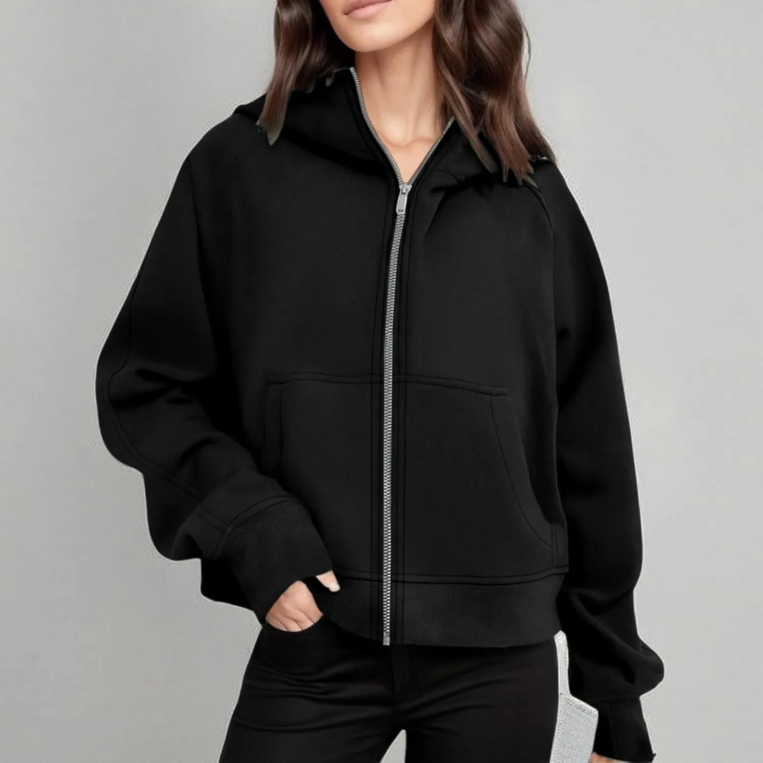 Women's Full Zip Up Fleece Cropped Hoodies Casual Zipper Sweater Long Sleeve Hooded Sweatshirts Pockets Jacket