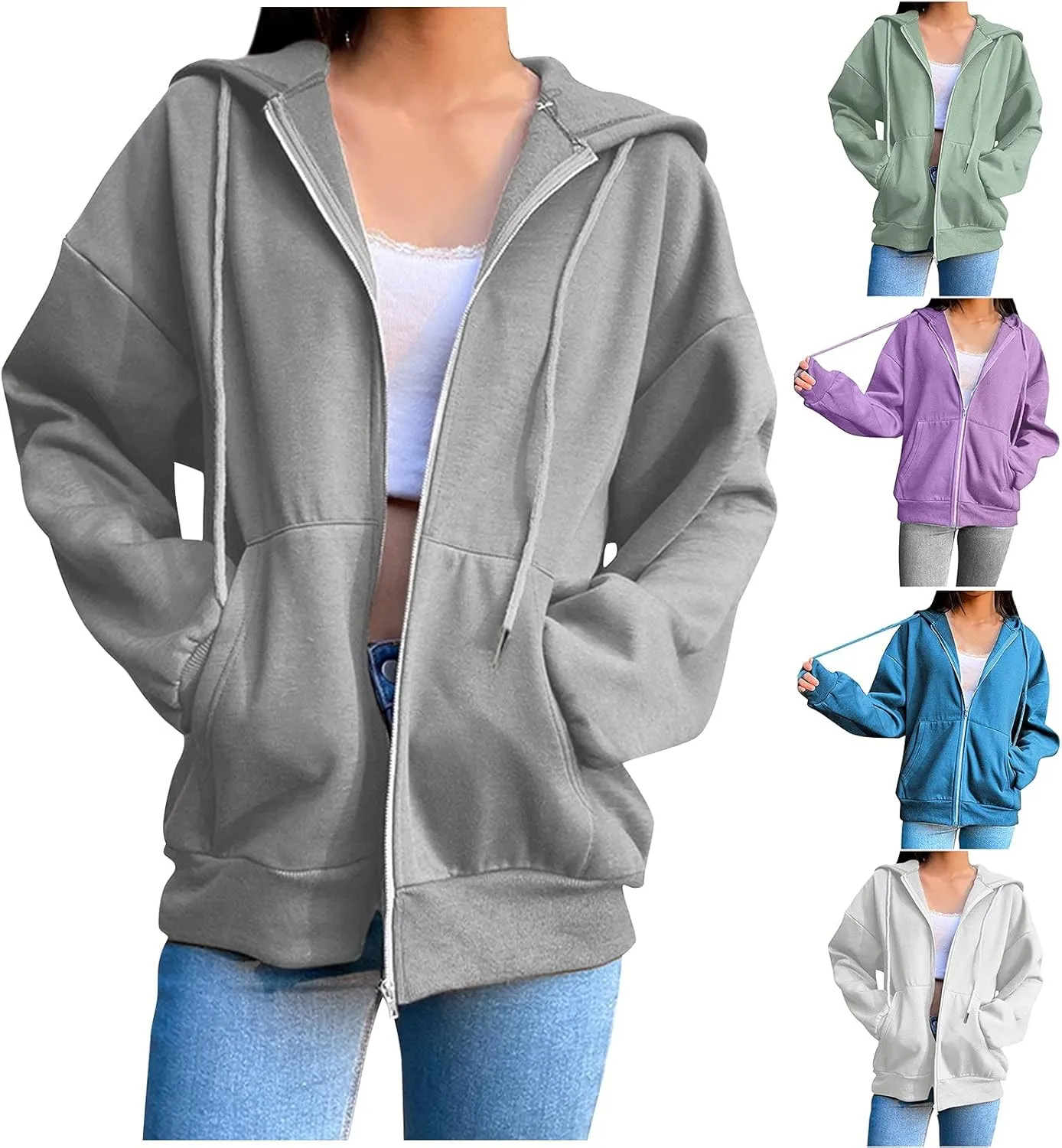 Women's Full Zip Up Fleece Cropped Hoodies Casual Zipper Sweater Long Sleeve Hooded Sweatshirts Pockets Jacket