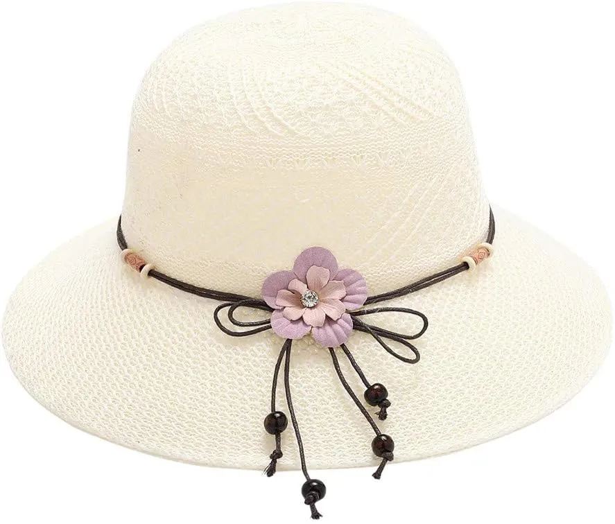 Women's Girl Summer Straw Hat Flower Wide Brim Floppy Beach Sun Visor Hat Cute Fedora Hat Tea Party Bucket Hat Travel
