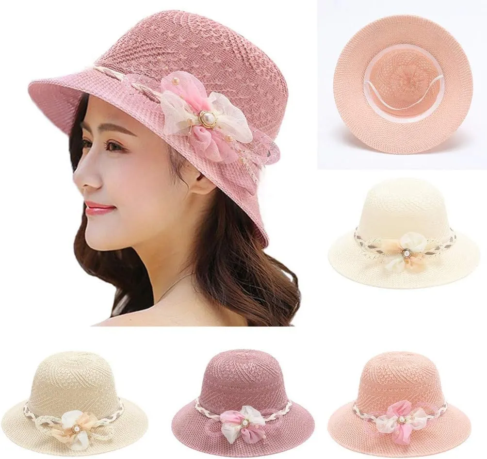 Women's Girl Summer Straw Hat Flower Wide Brim Floppy Beach Sun Visor Hat Cute Fedora Hat Tea Party Bucket Hat Travel