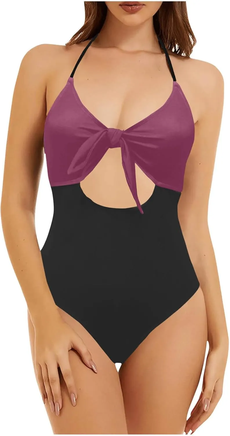 Womens Halter Cutout One Piece Swimsuit Sexy Backless Tummy Control Bathing Suits Colorblock Slimming Beach Swimwear