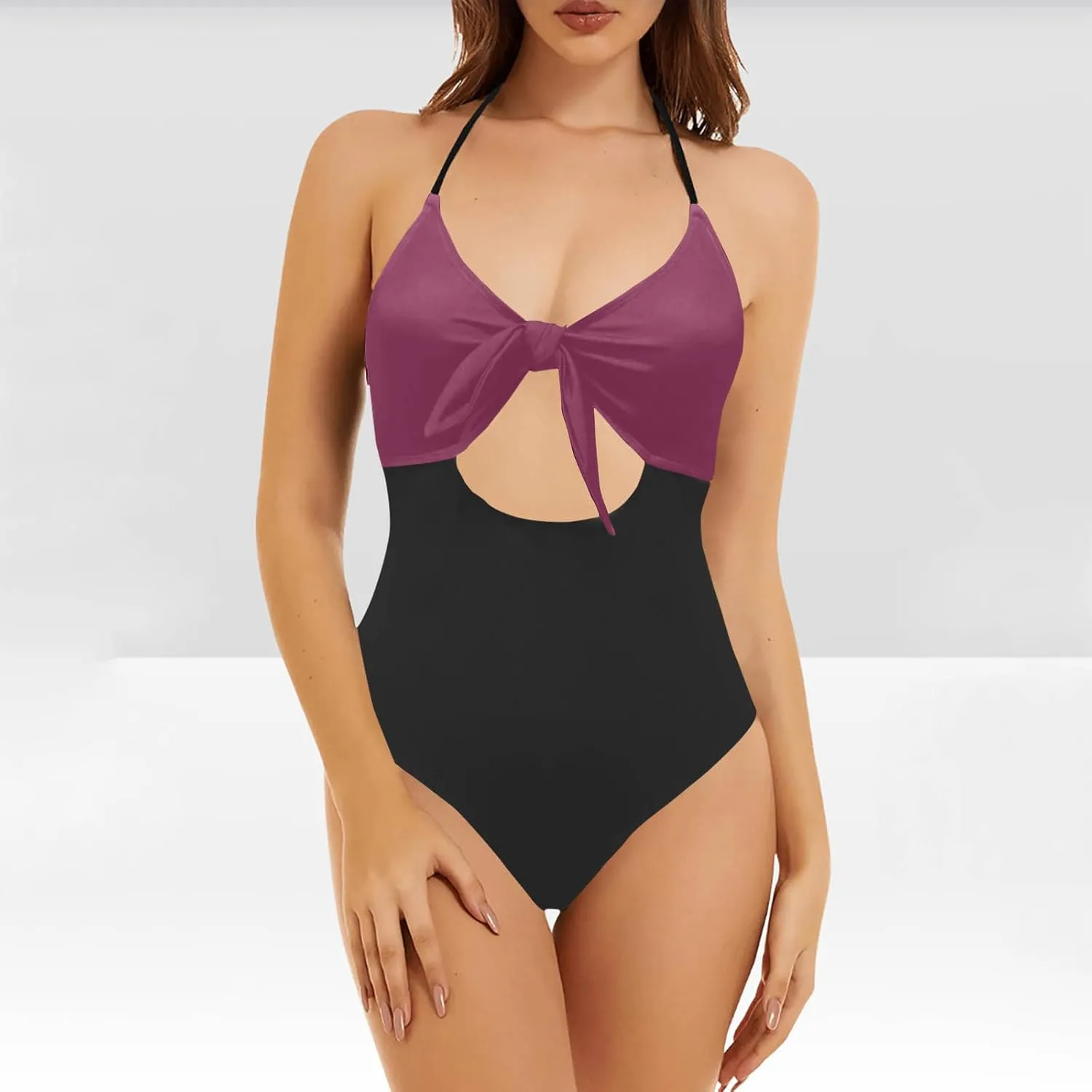 Womens Halter Cutout One Piece Swimsuit Sexy Backless Tummy Control Bathing Suits Colorblock Slimming Beach Swimwear