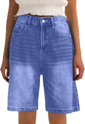 Womens High Waisted Stretch Bermuda Denim Shorts Knee Length Distressed Cutoffs, Loose Fit Casual Summer Jean Shorts