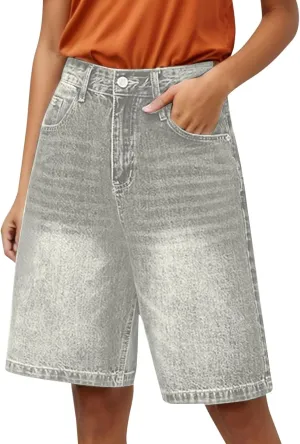 Womens High Waisted Stretch Bermuda Denim Shorts Knee Length Distressed Cutoffs, Loose Fit Casual Summer Jean Shorts