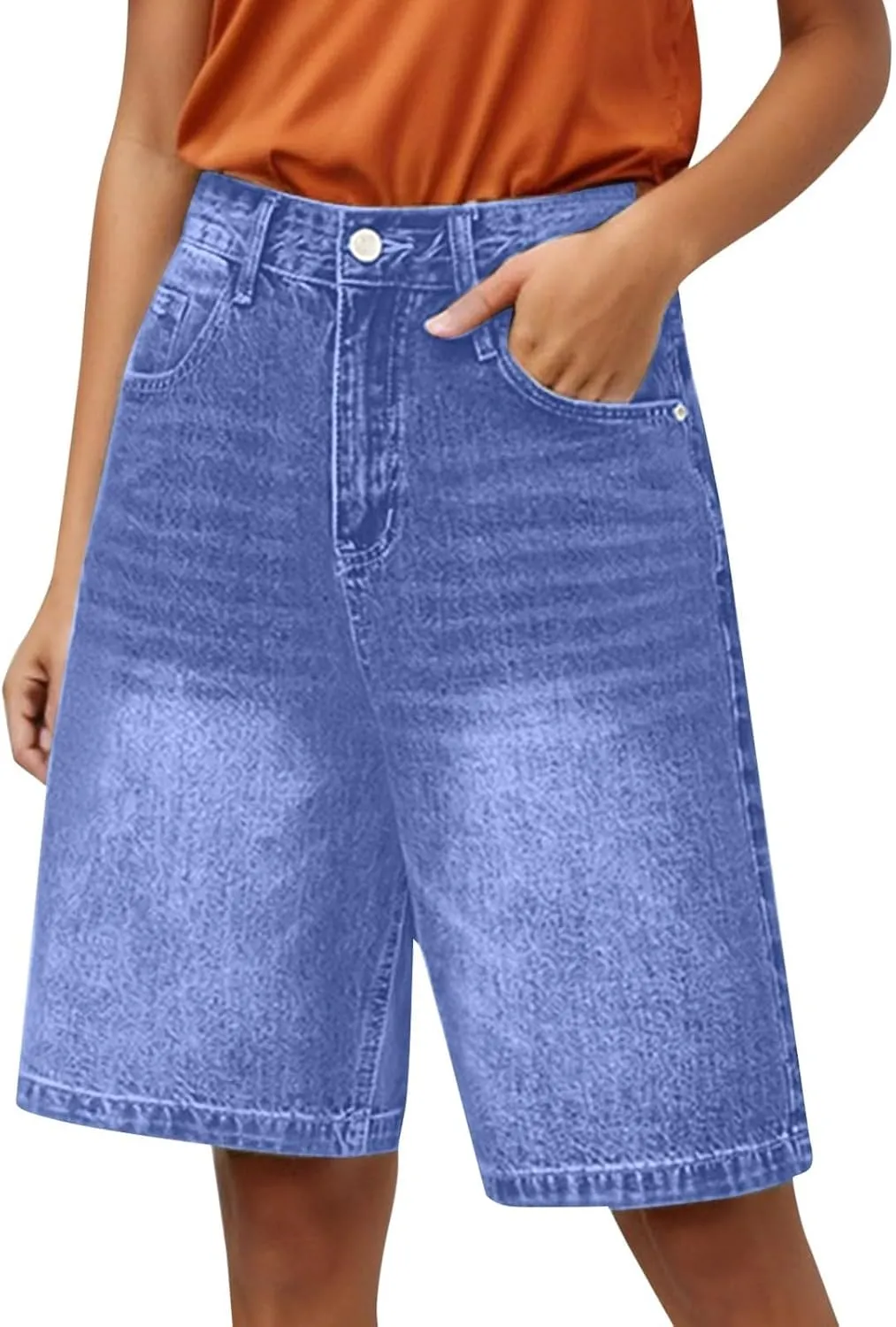 Womens High Waisted Stretch Bermuda Denim Shorts Knee Length Distressed Cutoffs, Loose Fit Casual Summer Jean Shorts