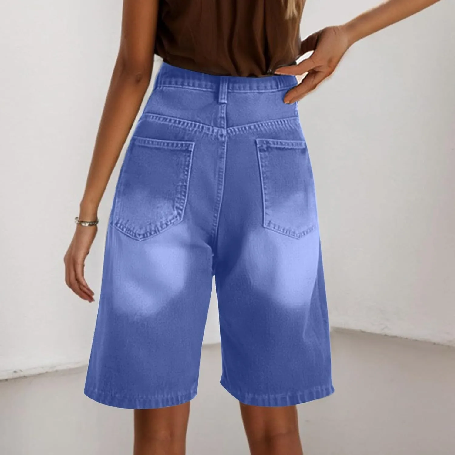 Womens High Waisted Stretch Bermuda Denim Shorts Knee Length Distressed Cutoffs, Loose Fit Casual Summer Jean Shorts