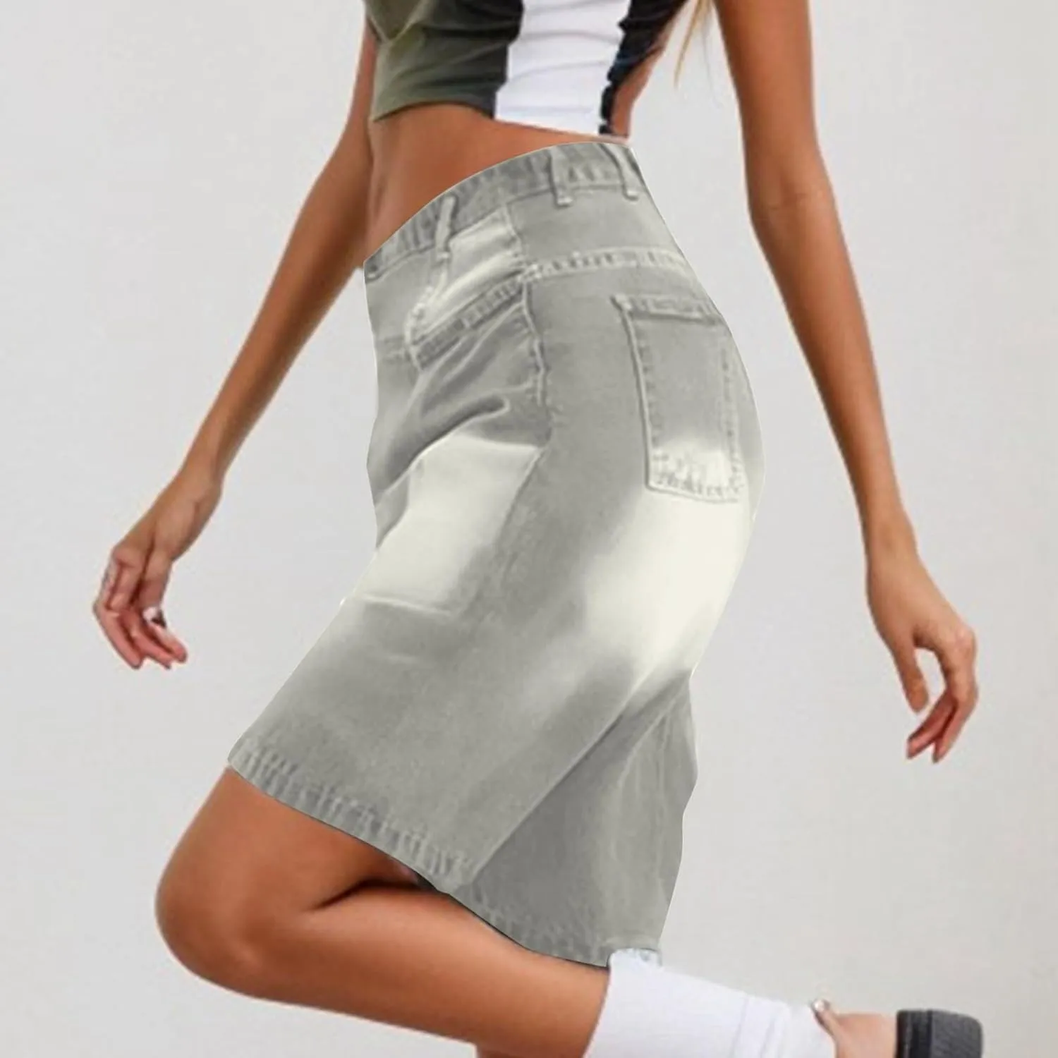 Womens High Waisted Stretch Bermuda Denim Shorts Knee Length Distressed Cutoffs, Loose Fit Casual Summer Jean Shorts