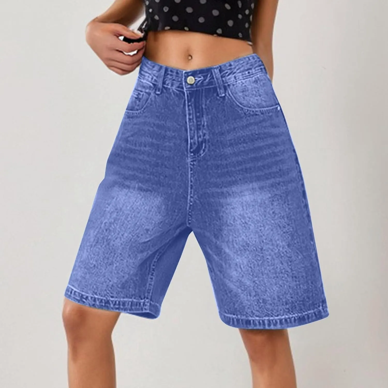 Womens High Waisted Stretch Bermuda Denim Shorts Knee Length Distressed Cutoffs, Loose Fit Casual Summer Jean Shorts