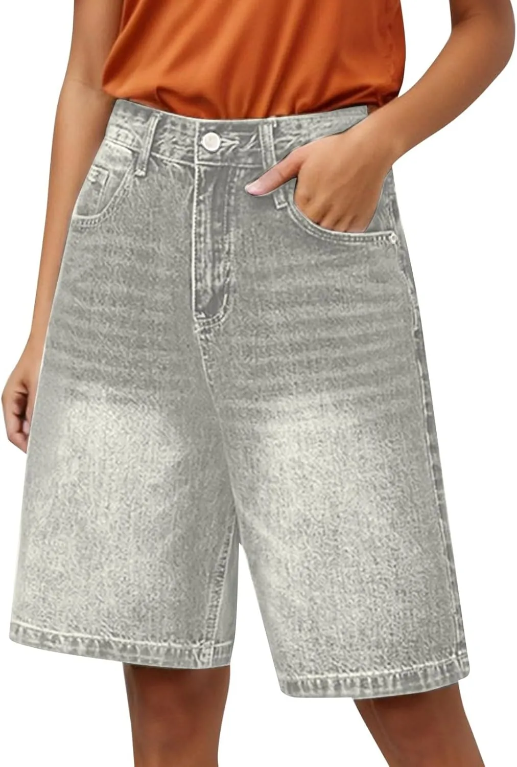 Womens High Waisted Stretch Bermuda Denim Shorts Knee Length Distressed Cutoffs, Loose Fit Casual Summer Jean Shorts