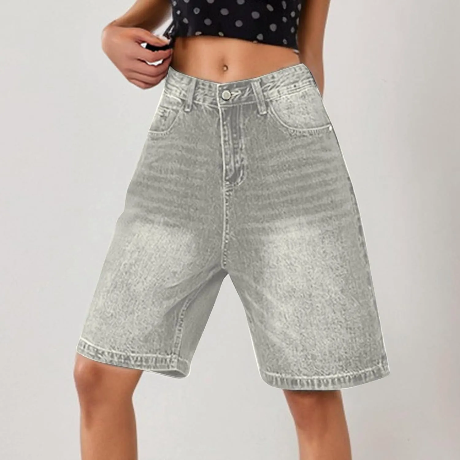 Womens High Waisted Stretch Bermuda Denim Shorts Knee Length Distressed Cutoffs, Loose Fit Casual Summer Jean Shorts