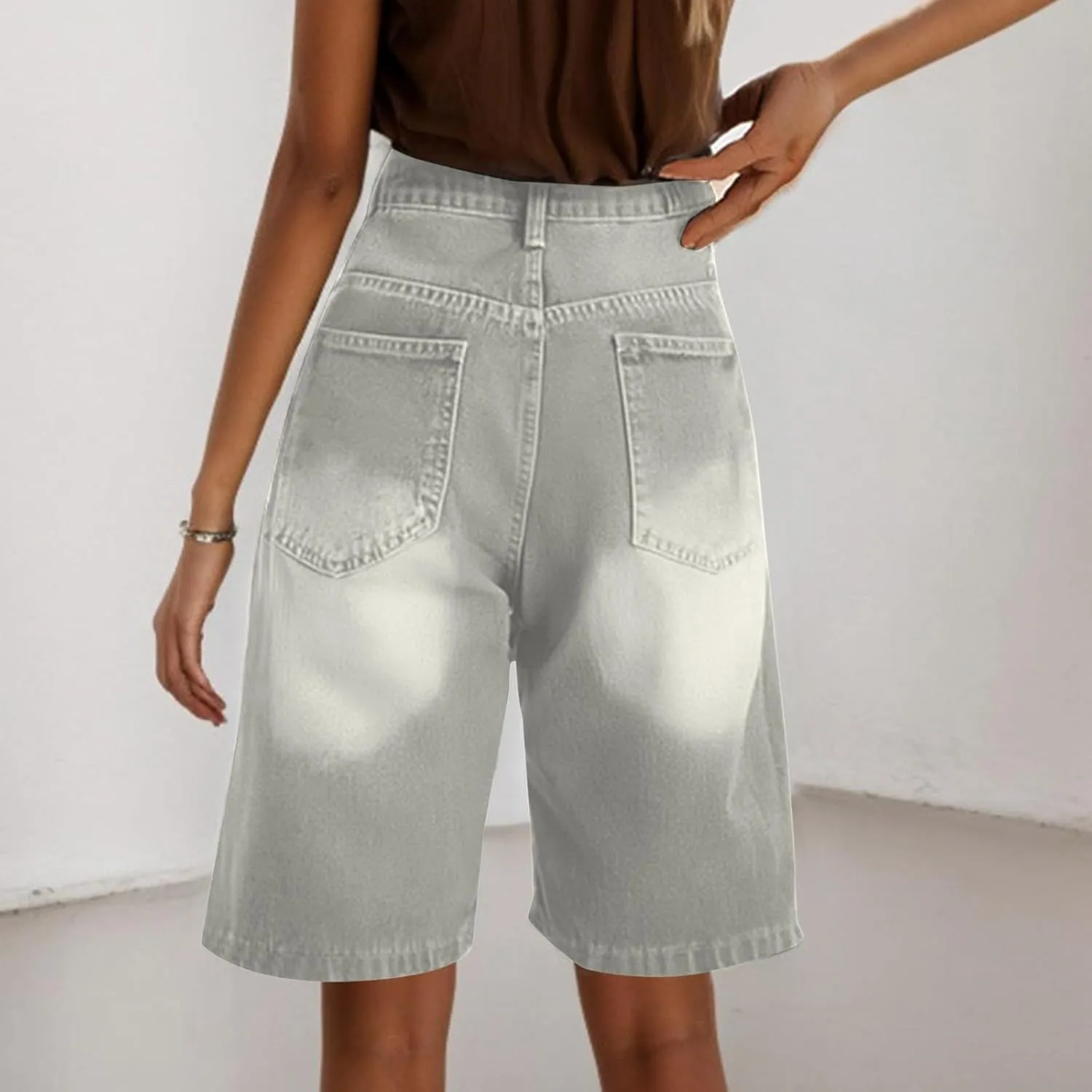 Womens High Waisted Stretch Bermuda Denim Shorts Knee Length Distressed Cutoffs, Loose Fit Casual Summer Jean Shorts