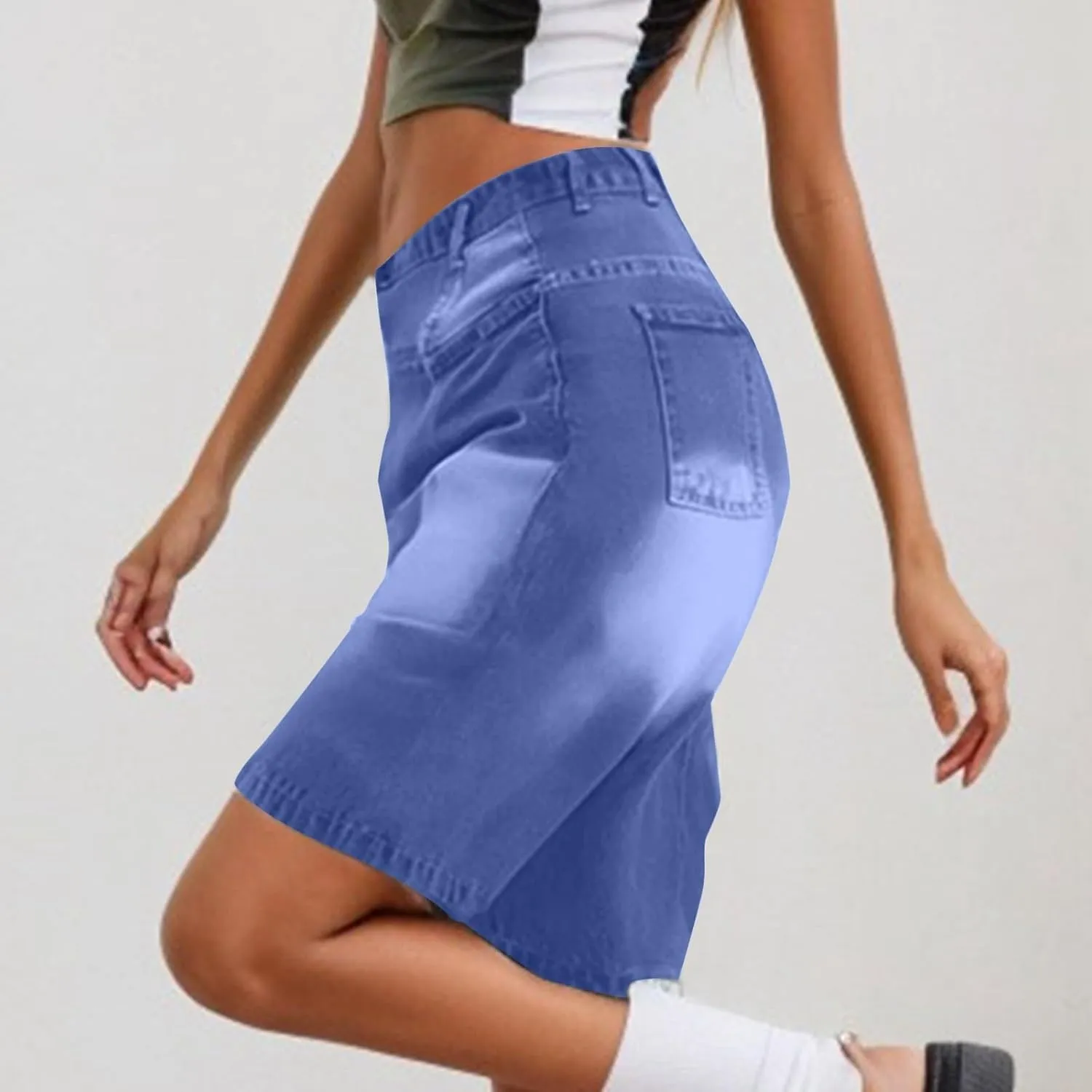 Womens High Waisted Stretch Bermuda Denim Shorts Knee Length Distressed Cutoffs, Loose Fit Casual Summer Jean Shorts