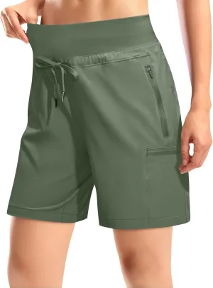 Womens Hiking Cargo Shorts Quick Dry High Waisted 7 Inch Long Golf Athletic Summer Shorts with Zipper Pockets