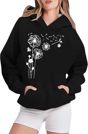 Womens Hoodies Trendy Graphic Pullover Hooded Sweatshirts Floral Print Oversized Casual Loose Workout Track Sweaters