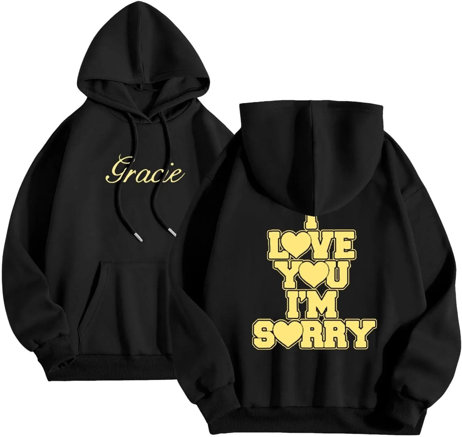 Womens I Love You I'm Sorry Letter Printed Front Back Fall Winter Hoodies Unisex Long Sleeve Hooded Sweatshirts