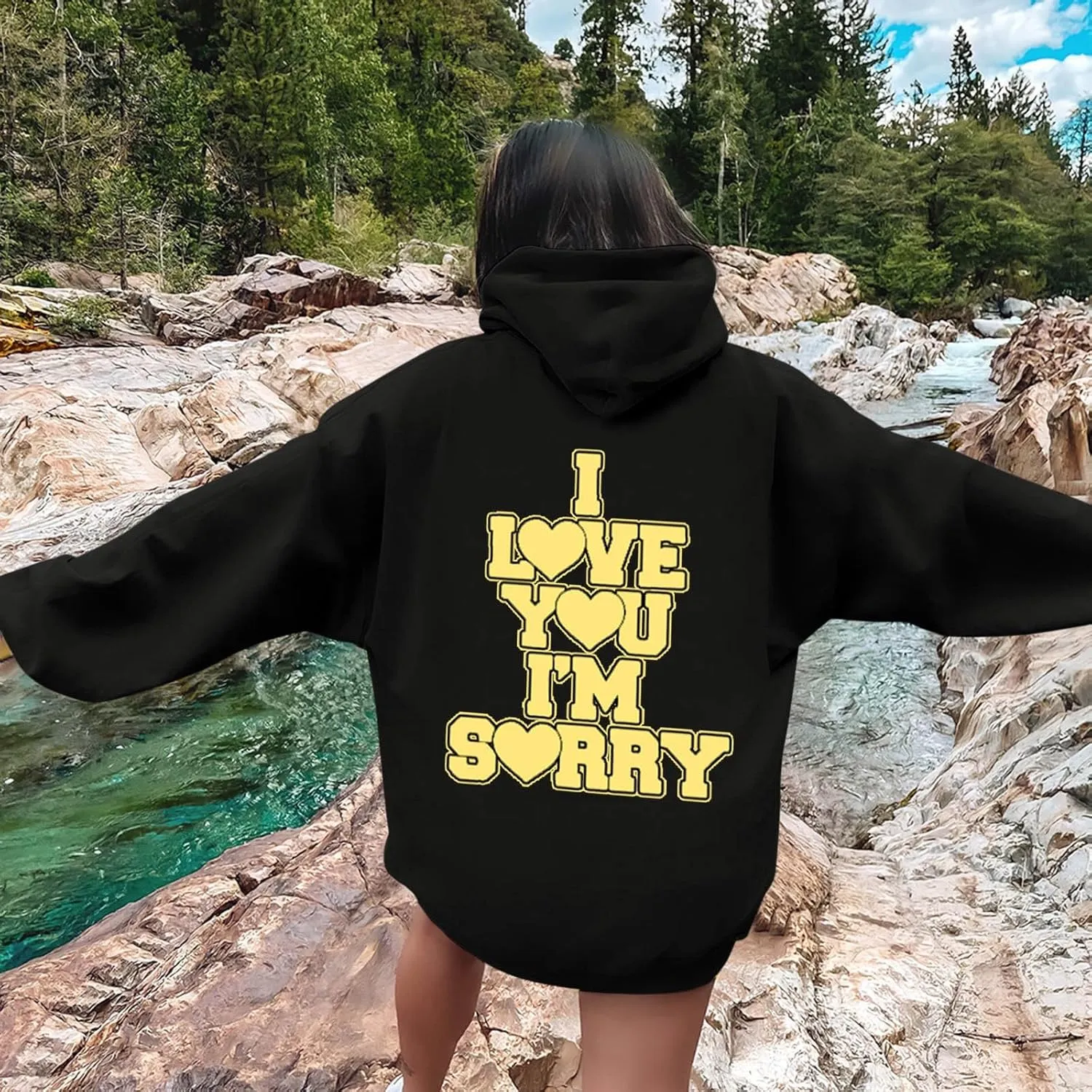 Womens I Love You I'm Sorry Letter Printed Front Back Fall Winter Hoodies Unisex Long Sleeve Hooded Sweatshirts