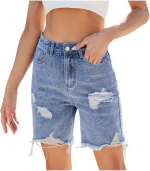 Women's Jean Shorts Beach Vacation Outfits Trendy Stretchy High Waisted Jean Casual Ripped Denim Shorts