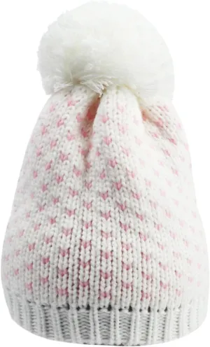 Womens Knitted Beanie Hat with Faux Pom Pom Fleece Lined Soft Heart Knit Slouchy Cap Thick Warm Winter Bobble Hat