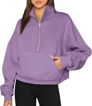 Womens Long Sleeve Half Zip Pullover Hoodies Solid Color Fall Winter Trendy Outfits With Pockets Loose Sweatshirts