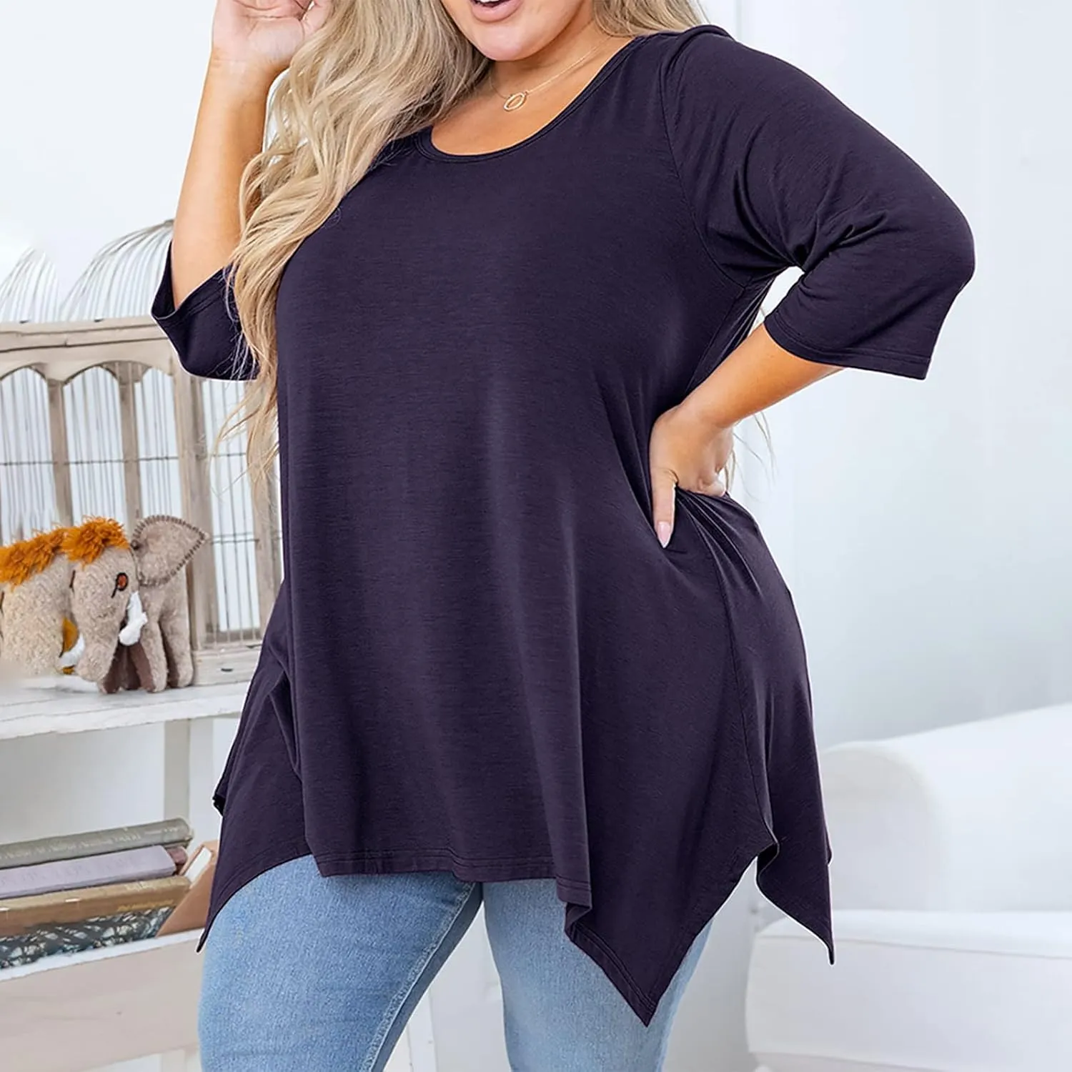 Women's Loose Fit Cotton T-Shirts Summer Crewneck 3/4 Sleeve Oversized Tops Casual Comfy Outdoor Traveling Pullover