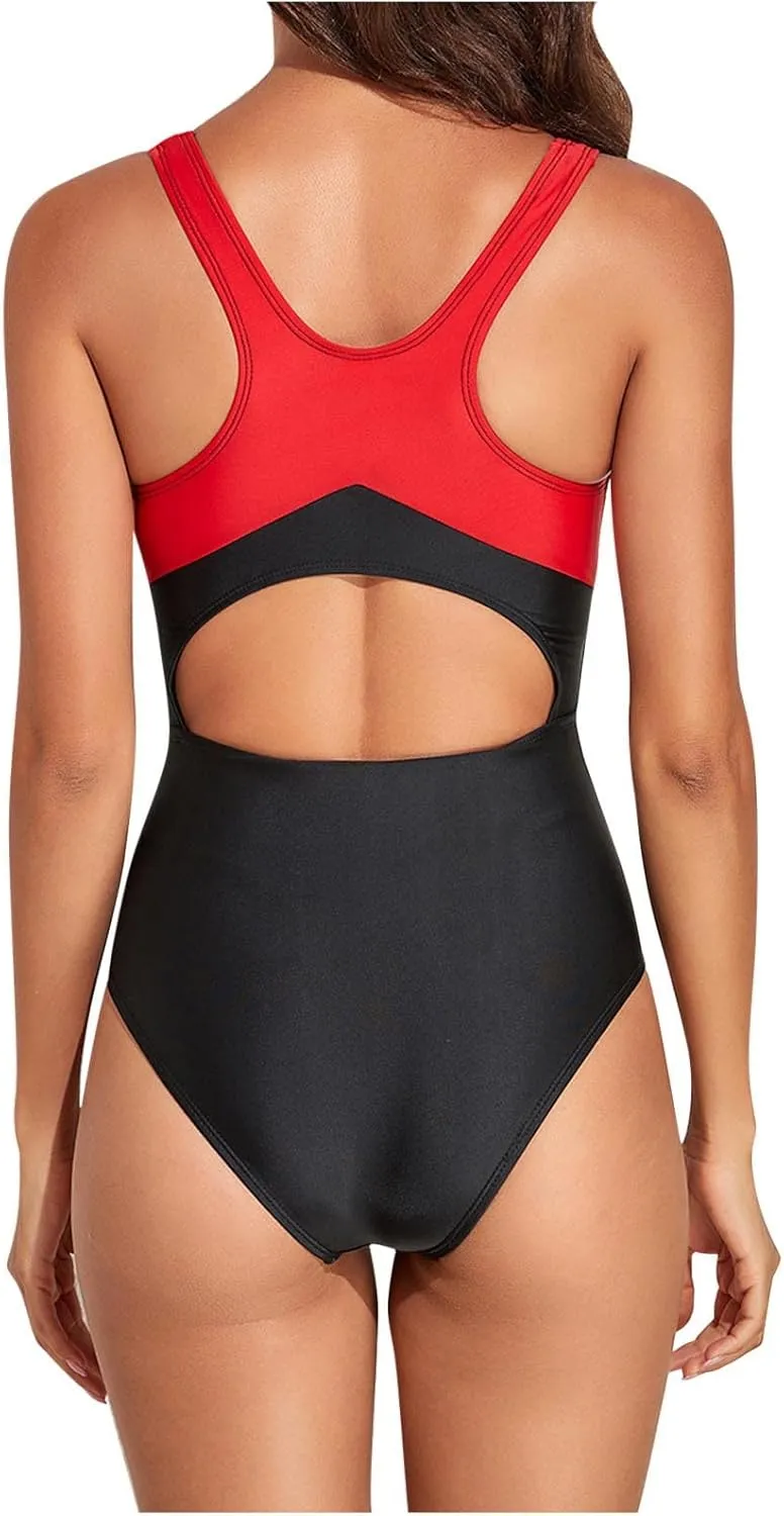 Women's One Piece Athletic Racerback Swimsuit Slimming Bathing Suit Cutout Back Swimwear Training Slimming Suit