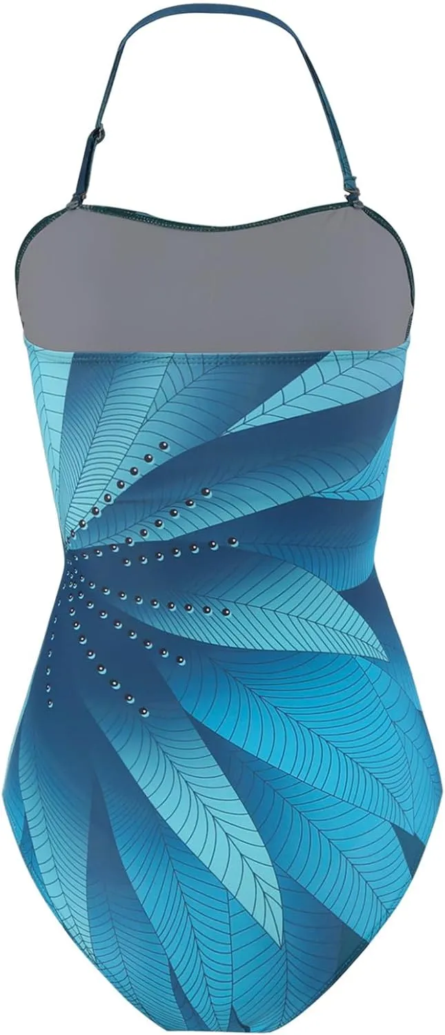 Women's One Piece Swimsuit Fashion-Piece Two Piece Swimsuit Leaf Printed Hip Long Skirt Conservative Swimsuit, S-XL