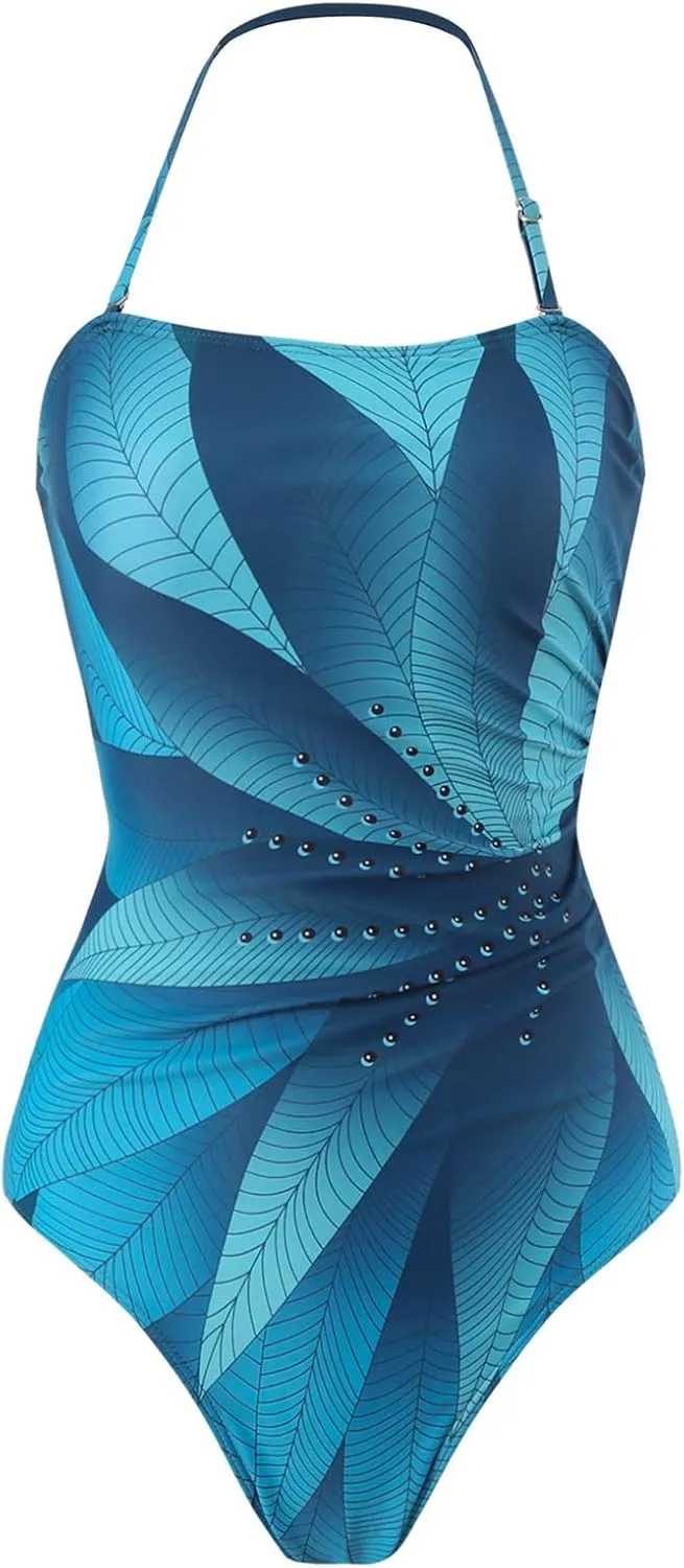 Women's One Piece Swimsuit Fashion-Piece Two Piece Swimsuit Leaf Printed Hip Long Skirt Conservative Swimsuit, S-XL