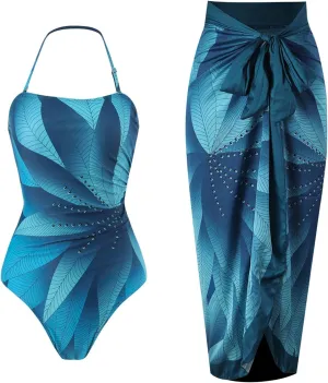 Women's One Piece Swimsuit Fashion-Piece Two Piece Swimsuit Leaf Printed Hip Long Skirt Conservative Swimsuit, S-XL