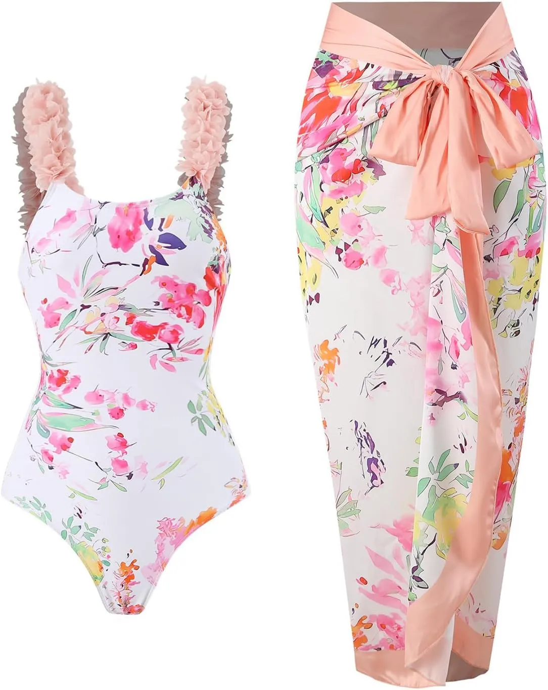 Women's One Piece Swimsuit Fashion-Piece Two Piece Swimsuit Leaf Printed Hip Long Skirt Conservative Swimsuit, S-XL