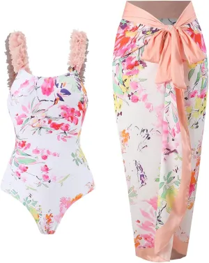 Women's One Piece Swimsuit Fashion-Piece Two Piece Swimsuit Leaf Printed Hip Long Skirt Conservative Swimsuit, S-XL