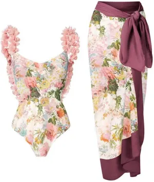 Women's One Piece Swimsuit Fashion-Piece Two Piece Swimsuit Leaf Printed Hip Long Skirt Conservative Swimsuit, S-XL