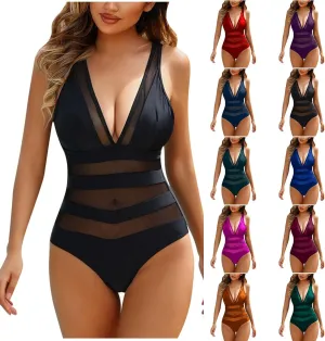 Women's One Piece Swimsuit Sexy Mesh Tummy Control Bathing Suit Solid Deep V Neck Push Up Slimming Backless Swimwear
