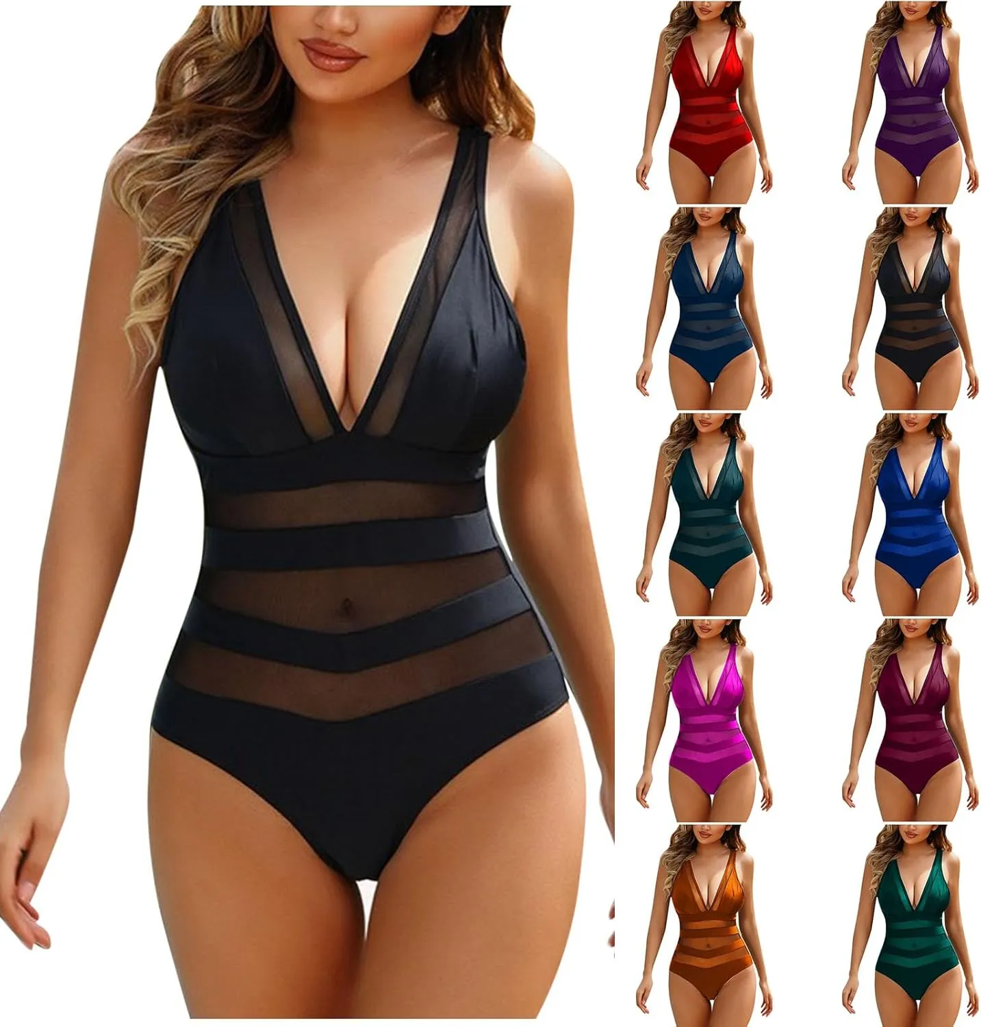 Women's One Piece Swimsuit Sexy Mesh Tummy Control Bathing Suit Solid Deep V Neck Push Up Slimming Backless Swimwear
