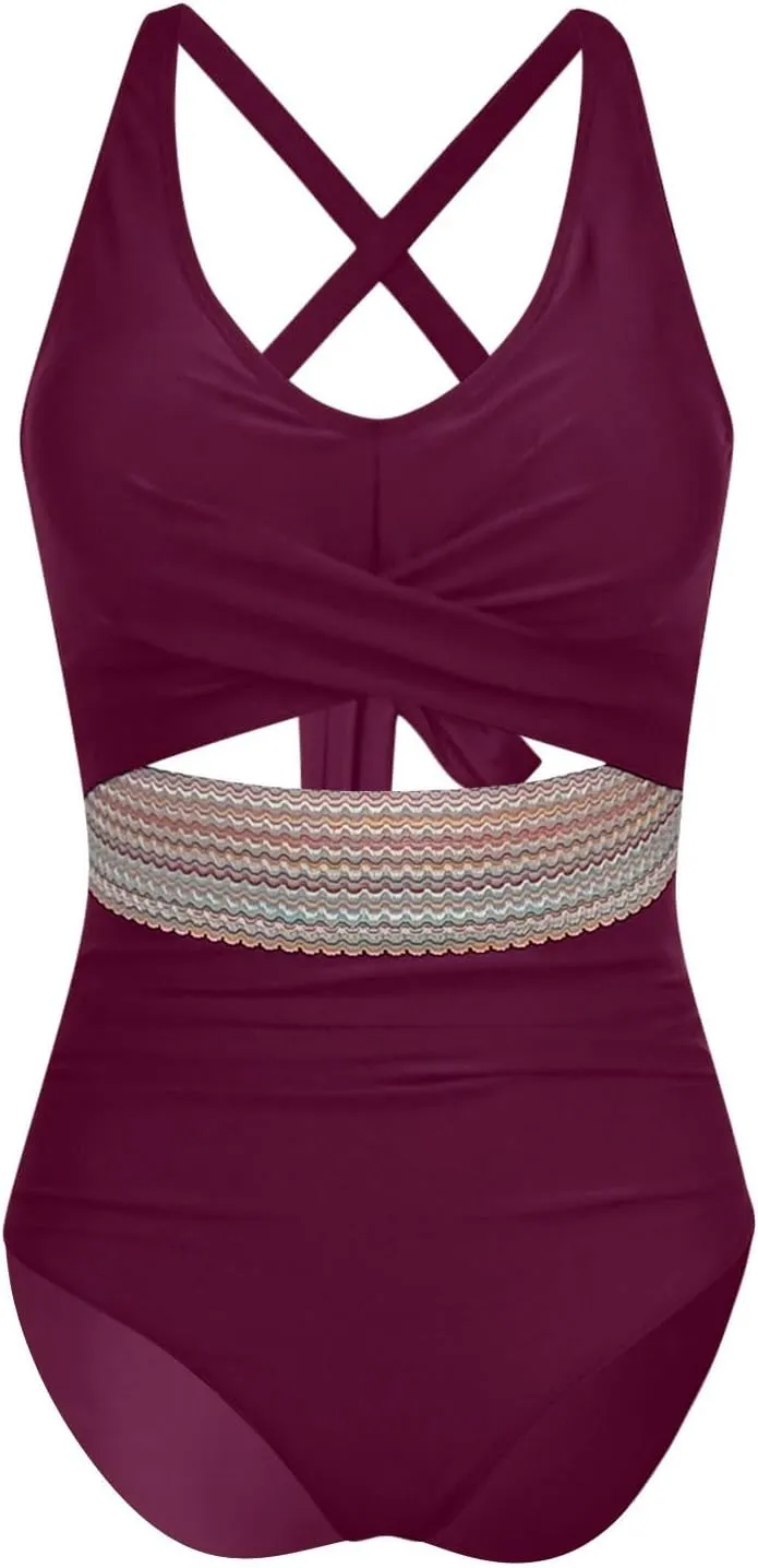 Women's One Piece Swimsuits Tummy Control High Cut Monokini Criss Cross V Neck Bathing Suit Cutout Modest Swimwear