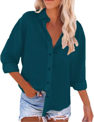 Women's Plus Size Linen T-Shirts Fall Lapel Long Sleeve Tops Casual Loose Lightweight Outdoor Beach Solid Shirts