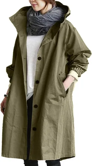 Womens Plus Size Long Hooded Trench Coat Fall Long Sleeve Single-Breasted Open Front Softshell Windbreaker Jackets