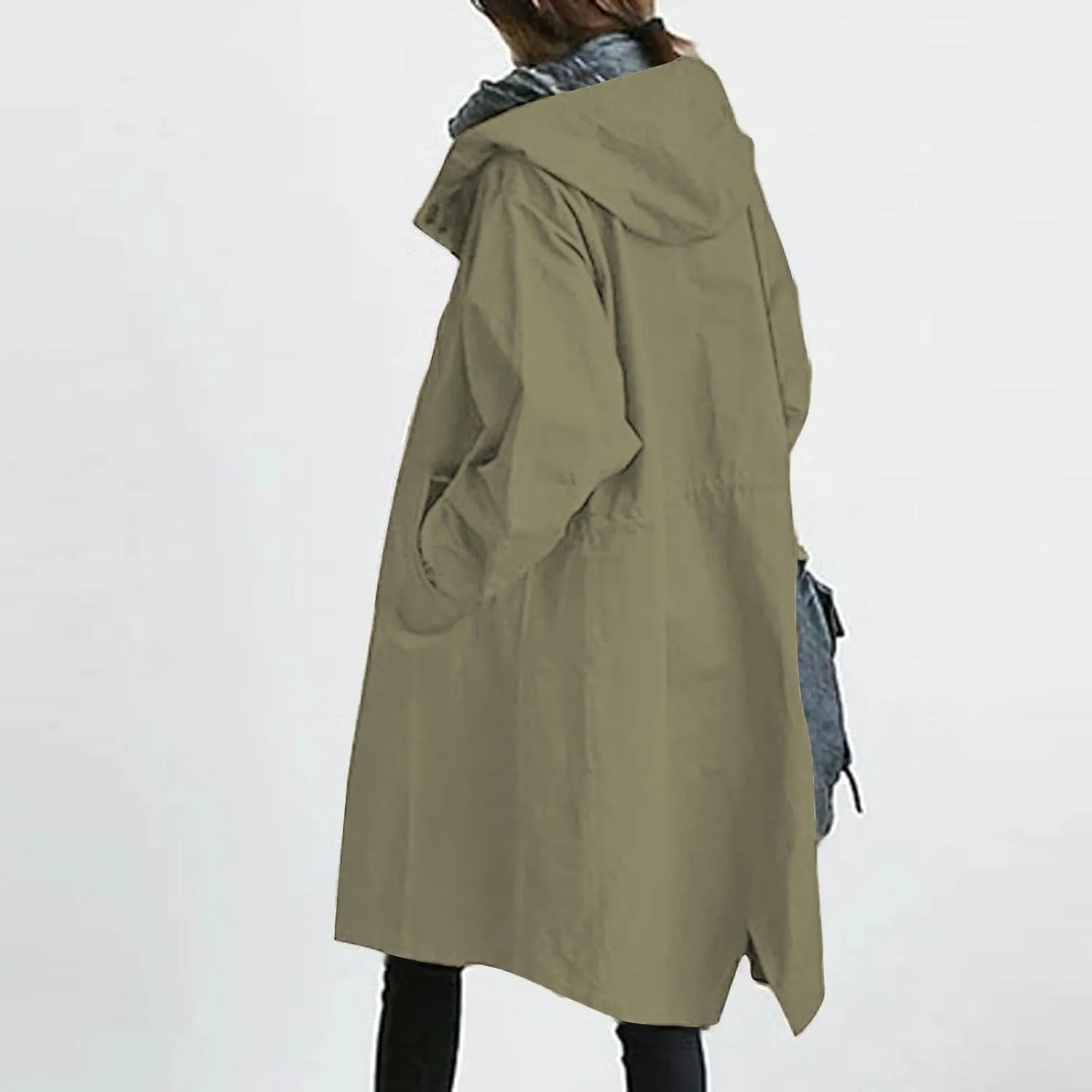 Womens Plus Size Long Hooded Trench Coat Fall Long Sleeve Single-Breasted Open Front Softshell Windbreaker Jackets