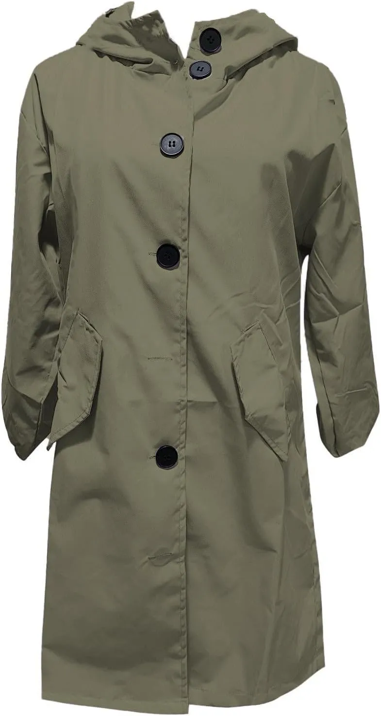 Womens Plus Size Long Hooded Trench Coat Fall Long Sleeve Single-Breasted Open Front Softshell Windbreaker Jackets