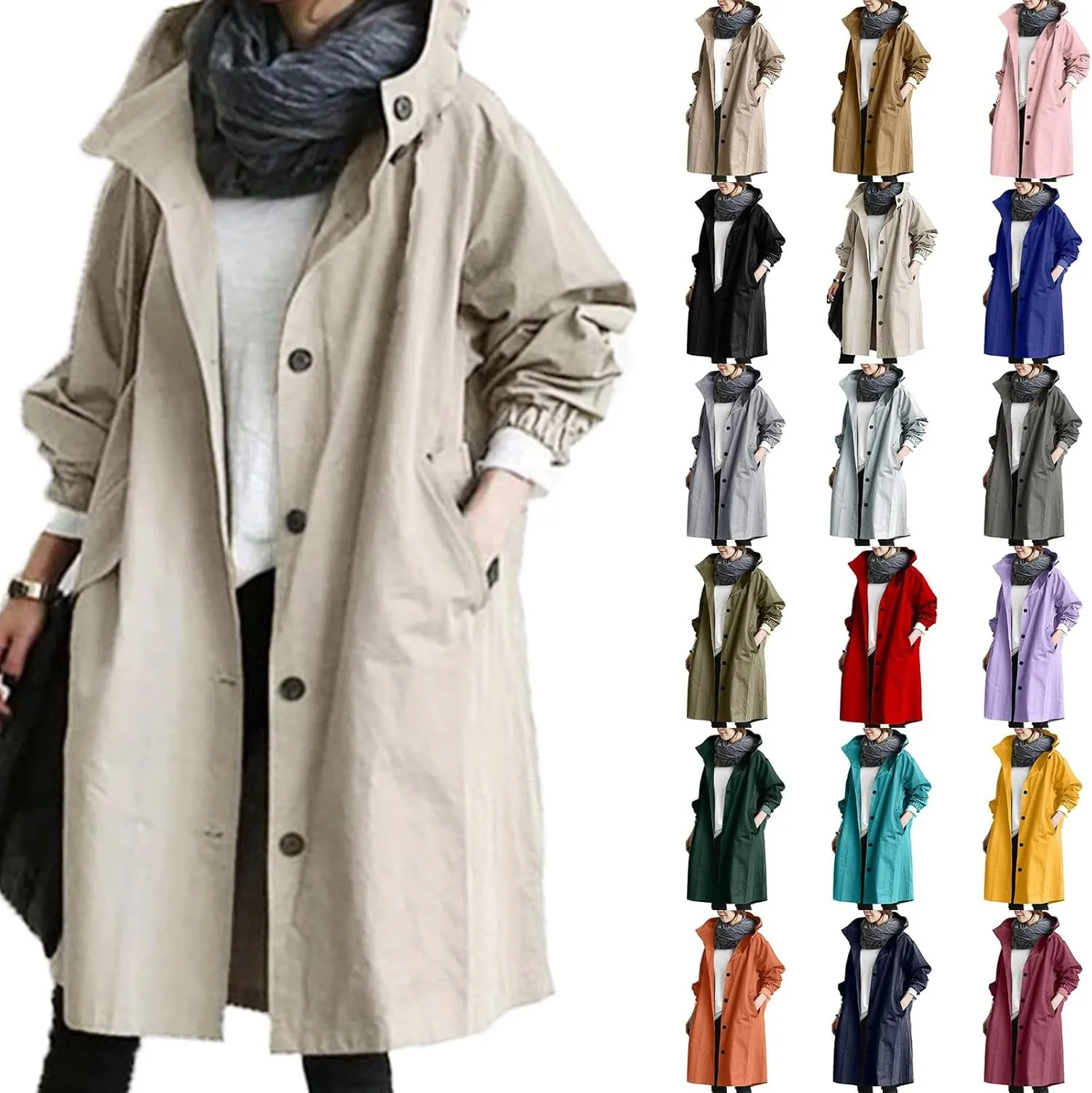 Womens Plus Size Long Hooded Trench Coat Fall Long Sleeve Single-Breasted Open Front Softshell Windbreaker Jackets
