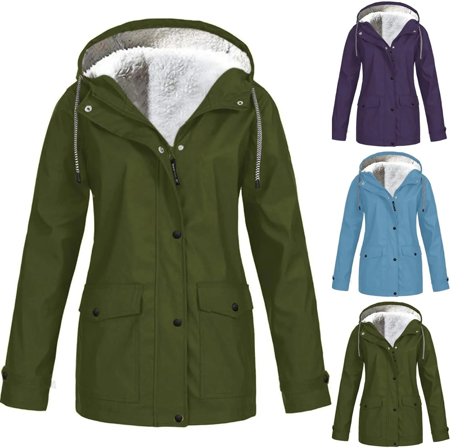 Women's Raincoats Plus Size Fleece-Lined Jacket Waterproof Winter Ski Jacket Outdoor Hooded Hiking Coats Windbreaker