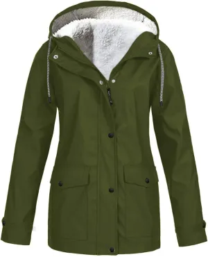 Women's Raincoats Plus Size Fleece-Lined Jacket Waterproof Winter Ski Jacket Outdoor Hooded Hiking Coats Windbreaker