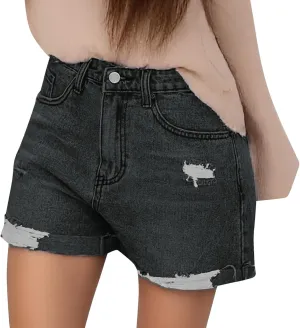 Women's Ripped Distressed Denim Shorts High Waisted Wash Frayed Raw Hem Jean Shorts Vintage Baggy Stretchy Jean Short