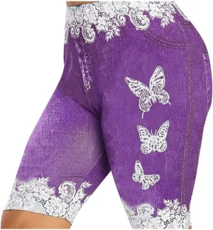 Women's Skinny Denim Shorts High Waisted Lace Butterfly Print Casual Jeggings Stretchy Jean Bermuda Short Plus Size