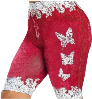 Women's Skinny Denim Shorts High Waisted Lace Butterfly Print Casual Jeggings Stretchy Jean Bermuda Short Plus Size