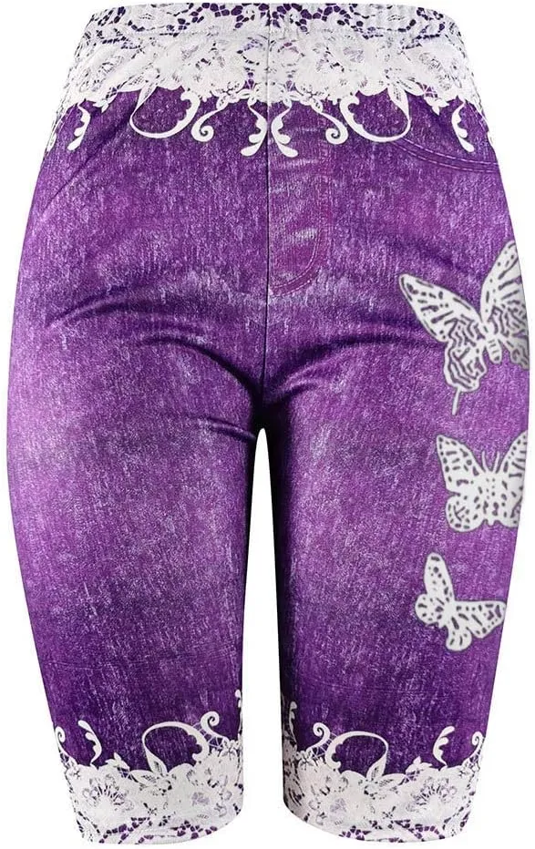Women's Skinny Denim Shorts High Waisted Lace Butterfly Print Casual Jeggings Stretchy Jean Bermuda Short Plus Size