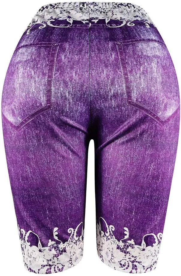 Women's Skinny Denim Shorts High Waisted Lace Butterfly Print Casual Jeggings Stretchy Jean Bermuda Short Plus Size