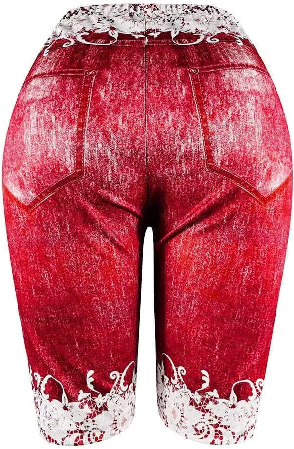 Women's Skinny Denim Shorts High Waisted Lace Butterfly Print Casual Jeggings Stretchy Jean Bermuda Short Plus Size