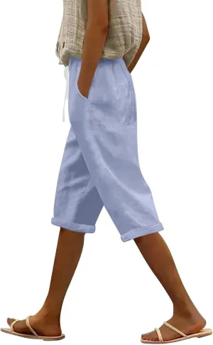 Womens Summer Bermuda Linen Shorts Knee Length Lightweight Loose Summer Casual Shorts with Pockets