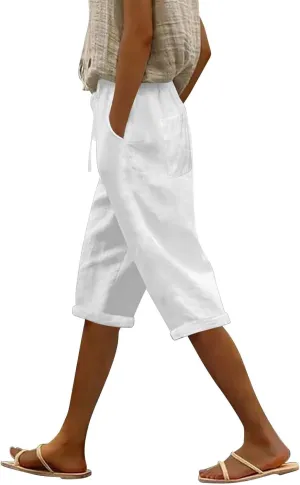 Womens Summer Bermuda Linen Shorts Knee Length Lightweight Loose Summer Casual Shorts with Pockets