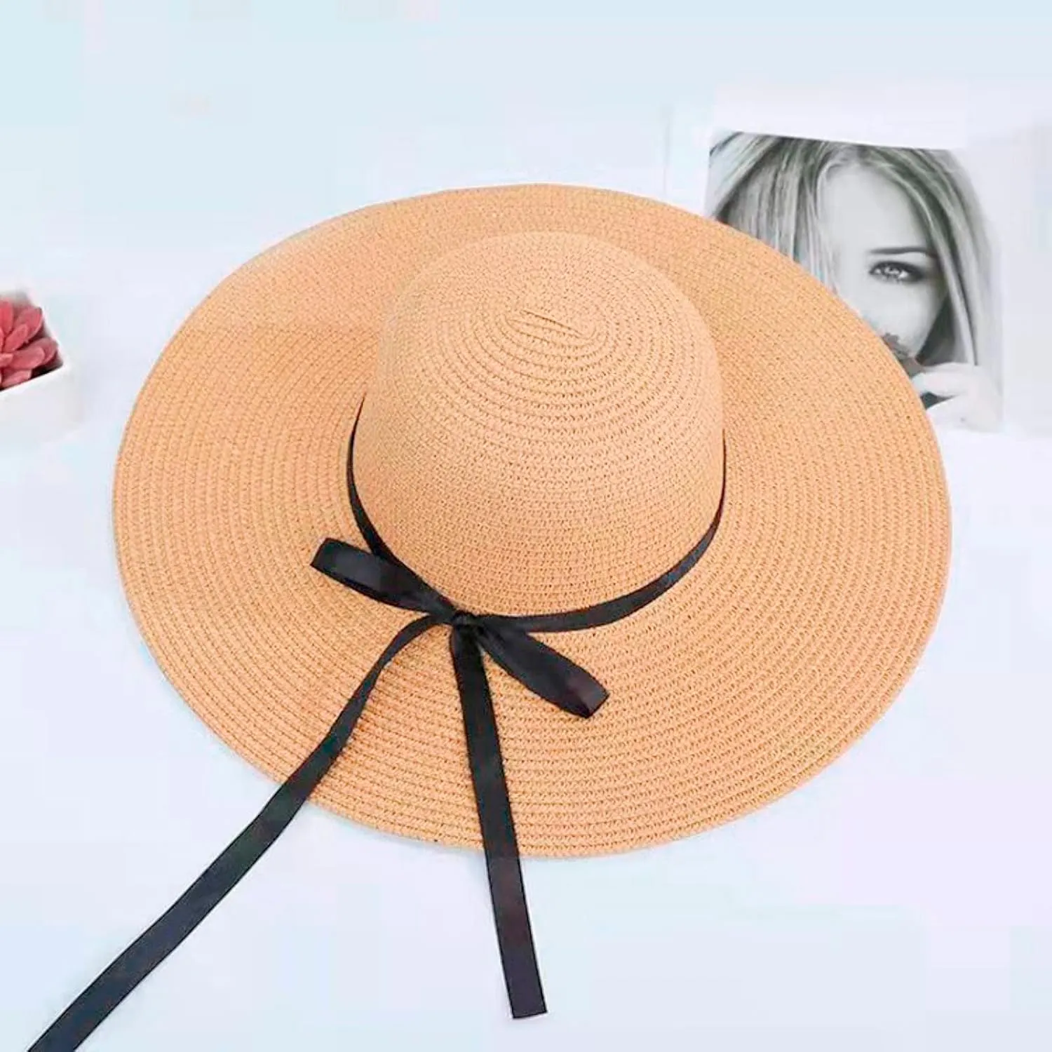 Women's Summer Caps Women Big Brim Straw Hat Sun Floppy Wide Brim Hats Bowknot Folding Beach Cap Quick (Khaki, One Size)